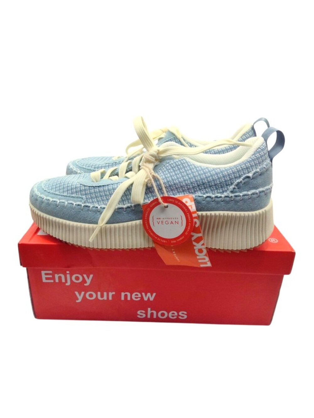 Lucky Step Womens Size 8 Denim Blue Knit Vegan Sneakers With Memory Foam Insoles